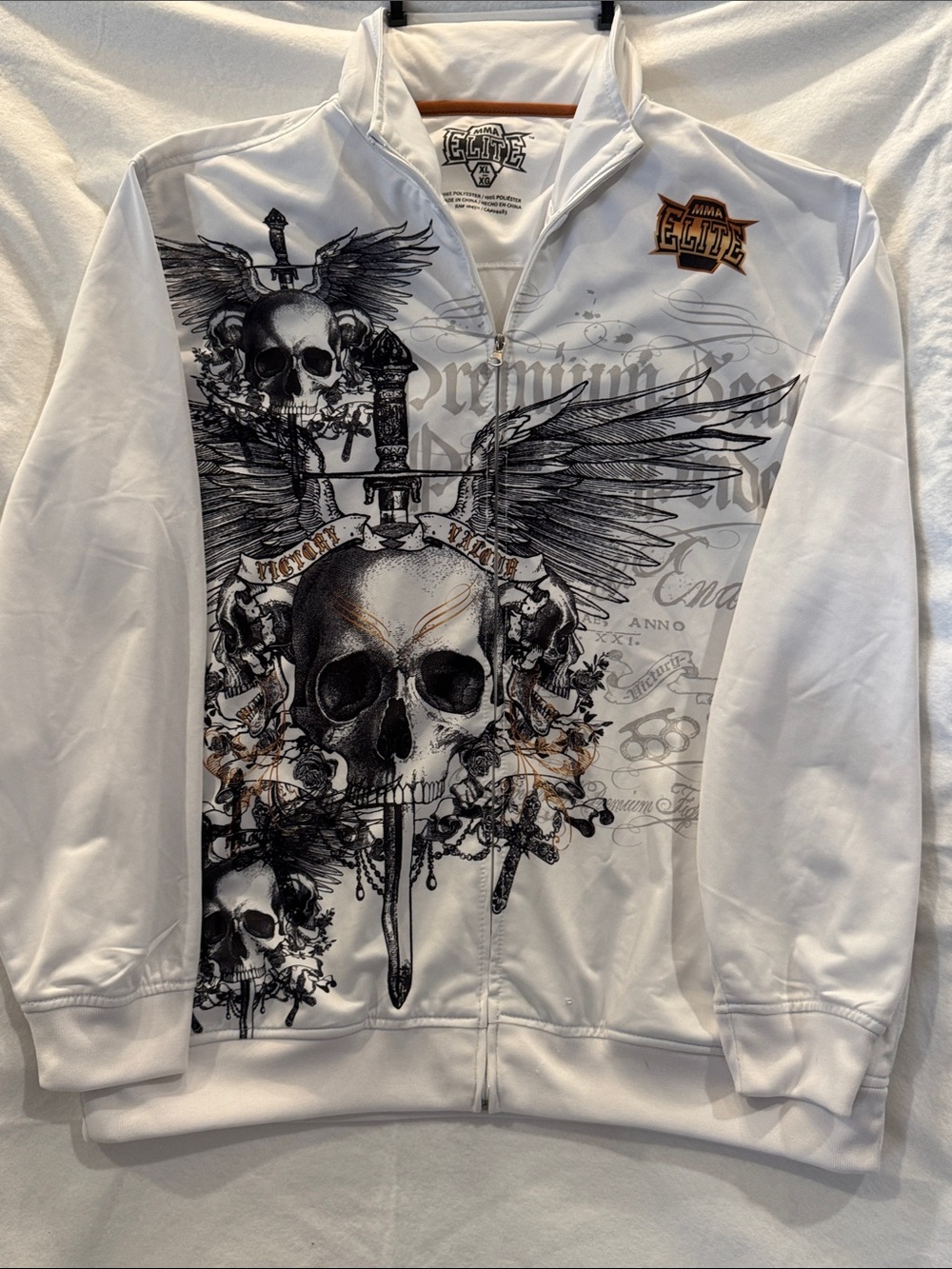 MIMA ELITE White Full-Zip Men's Graphic Skull Wing Zip-Up Track Jacket